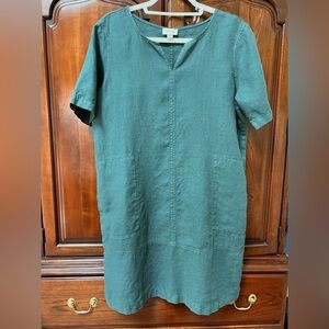 J. Jill Green Linen Dress V-Neck Short Sleeve